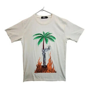 HM Mens Large Graphic T-Shirt Palm Tree Skeleton Fire Off White Crew Neck